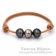 Bracelete em Couro e 3 Prolas do Tahiti Semi-Barrocas B de 11 a 11.3 mm