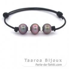 Pulseira em Couro e 3 Prolas do Tahiti Semi-Barrocas B 10 mm