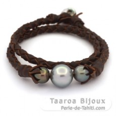 Pulseira em Couro e 3 Prolas do Tahiti Rodonda C 9.5 a 13.4 mm