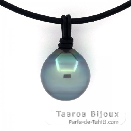 Colar em Couro e 1 Prola do Tahiti Semi-Barroca C/D 14.2 mm