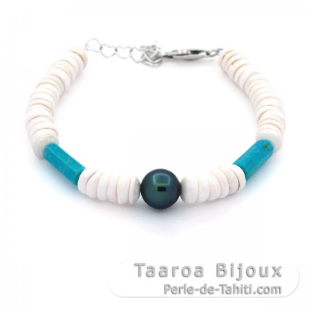 Pulseira de Conchas, Turquesa e 1 Prola do Tahiti Redonda C 8.7 mm