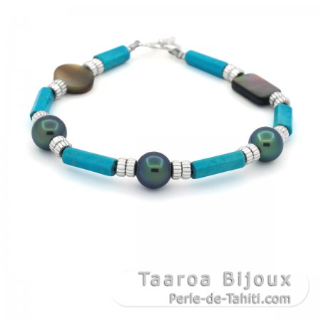 Pulseira em Prata, Turquesa, Madreprola e 3 Prolas do Tahiti Redondas D 8.3 mm