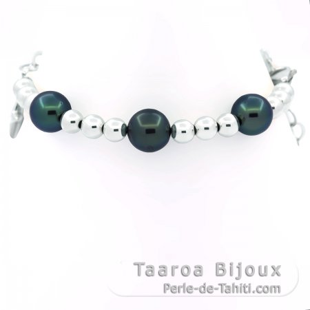 Pulseira em Prata e 3 Prolas do Tahiti Redondas C/D 8.7 mm