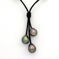 Colar em Couro e 3 Prolas do Tahiti Semi-Barrocas B  9 a 9.3 mm
