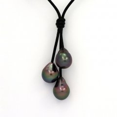 Colar em Couro e 3 Prolas do Tahiti Semi-Barrocas B  9.7 a 9.9 mm
