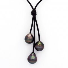 Colar em Couro e 3 Prolas do Tahiti Aneladas C  10.4 a 10.6 mm