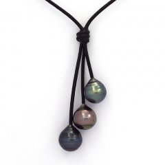 Colar em Couro e 3 Prolas do Tahiti Aneladas C  10 a 10.5 mm