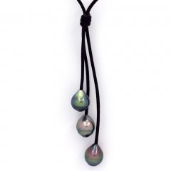 Colar em Couro e 3 Prolas do Tahiti Aneladas B  9.5 a 9.6 mm