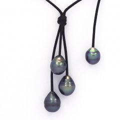 Colar em Couro e 4 Prolas do Tahiti Aneladas C  9.4 a 10.6 mm