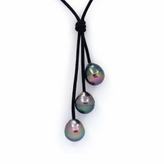 Colar em Couro e 4 Prolas do Tahiti Aneladas C 9.1 a 10.7 mm