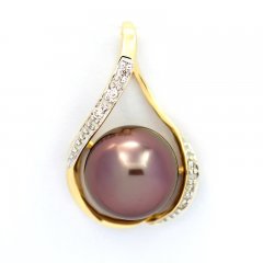 Pingente em Ouro 14k + 6 diamantes e 1 Prola Tahiti Semi-Redonda A 10.1 mm