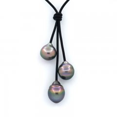 Colar em Couro e 3 Prolas do Tahiti Aneladas B/C 11 a 11.4 mm