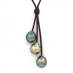 Colar em Couro e 3 Prolas do Tahiti Aneladas C 11 a 11.6 mm