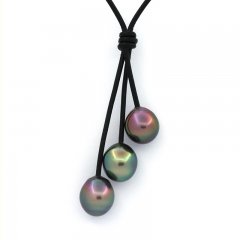 Colar em Couro e 3 Prolas do Tahiti Semi-Barrocas B/C de 10.1 a 10.3 mm