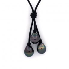 Colar em Couro e 3 Prolas do Tahiti Aneladas C de 10.5 a 10.8 mm