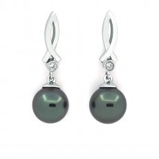 Rhodiated Sterling Silver Earrings and 2 Tahitian Pearls Round C 7.7 mm