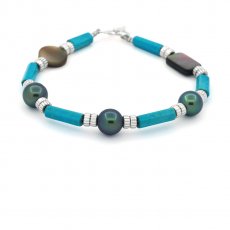 Bracelet en Argent, Turquoise, Nacre et 3 Perle de Tahiti Ronde D 8.3 mm