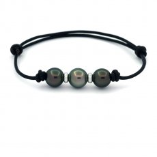 Pulseira em Couro e 3 Prolas do Tahiti Rodonda D de 9 a 9.4 mm