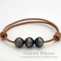 Bracelete em Couro e 3 Prolas do Tahiti Aneladas C de 11 a 11.4 mm