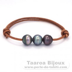 Pulseira em Couro e 3 Prolas do Tahiti Aneladas C  10.5 a 10.8 mm