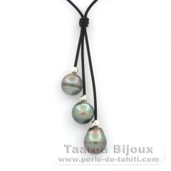 Colar em Couro e 3 Prolas do Tahiti Aneladas B/C de 12 a 11.5 mm