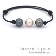 Pulseira em Couro e 3 Prolas do Tahiti Redondas C 10 mm