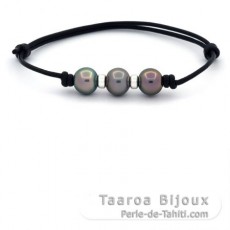 Pulseira em Couro e 3 Prolas do Tahiti Semi-Barrocas C de 9.4 a 9.8 mm